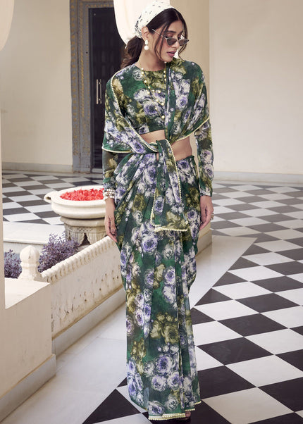 Green Floral Printed and Embroidered Saree