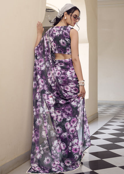 Grey Floral Printed and Embroidered Saree