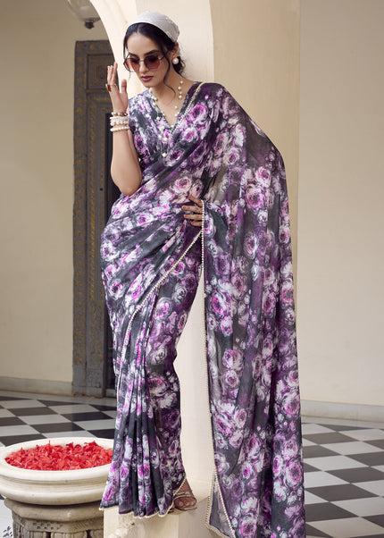 Grey Floral Printed and Embroidered Saree