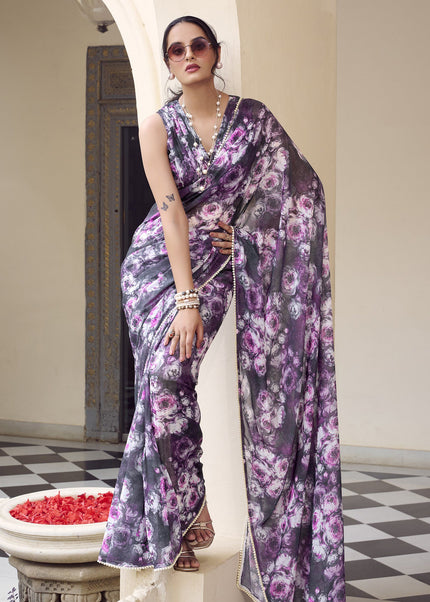 Grey Floral Printed and Embroidered Saree