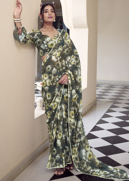 Dark Green Floral Printed and Embroidered Saree