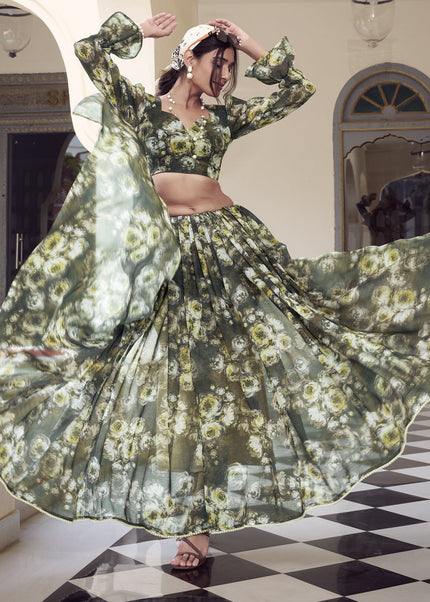 Dark Green Floral Printed and Embroidered Saree