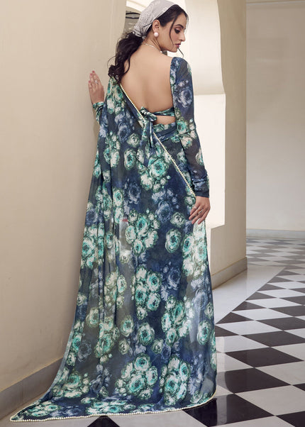 Navy Blue Floral Printed and Embroidered Saree