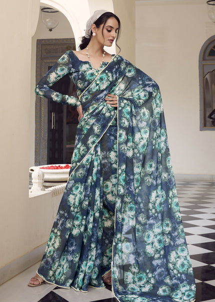 Navy Blue Floral Printed and Embroidered Saree