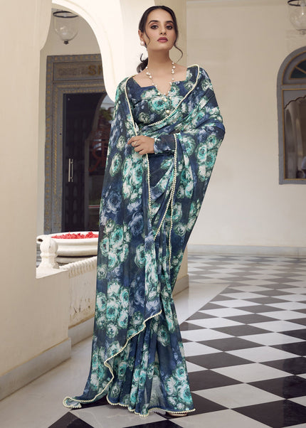 Navy Blue Floral Printed and Embroidered Saree