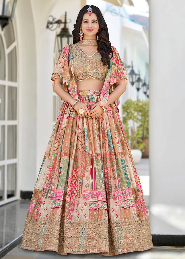 Beige MultiColor Embroidered Lehenga Choli
