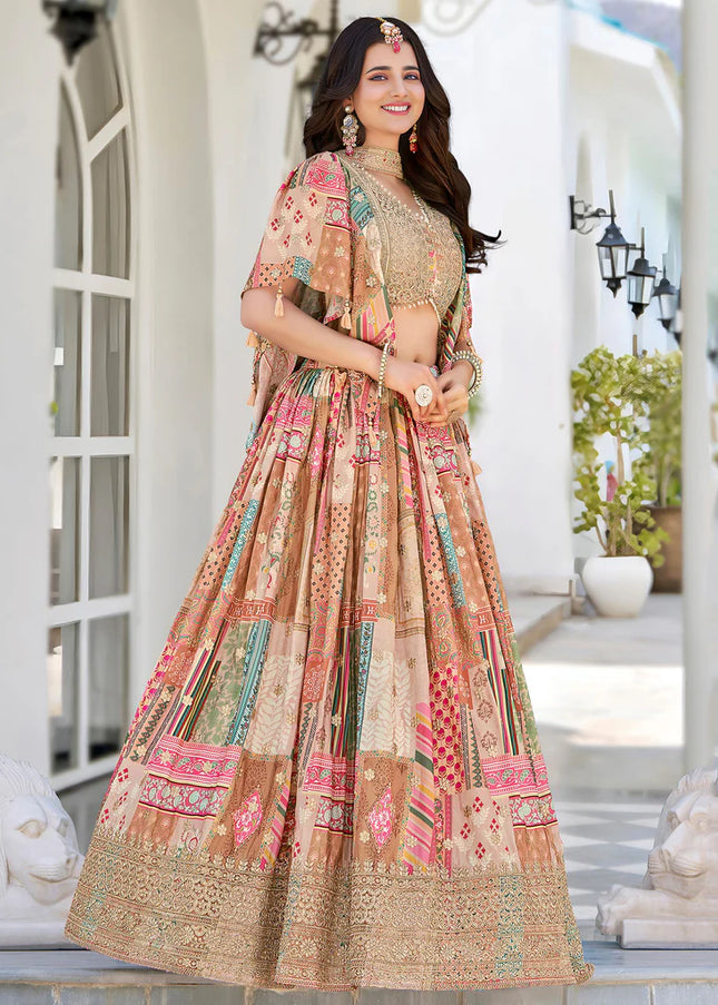 Beige MultiColor Embroidered Lehenga Choli