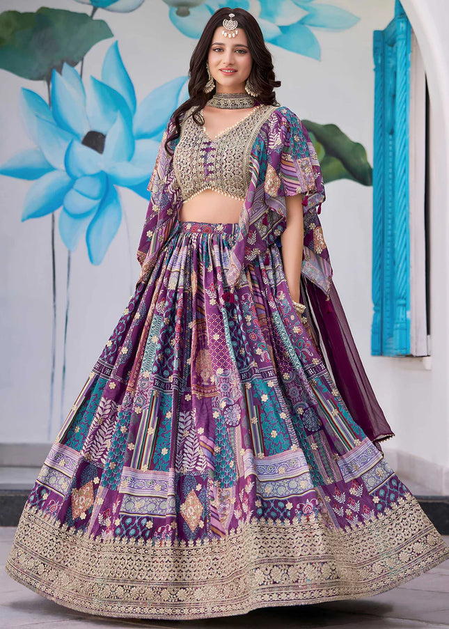 Purple MultiColor Embroidered Lehenga Choli