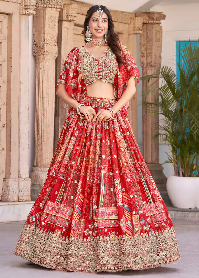 Red MultiColor Embroidered Lehenga Choli