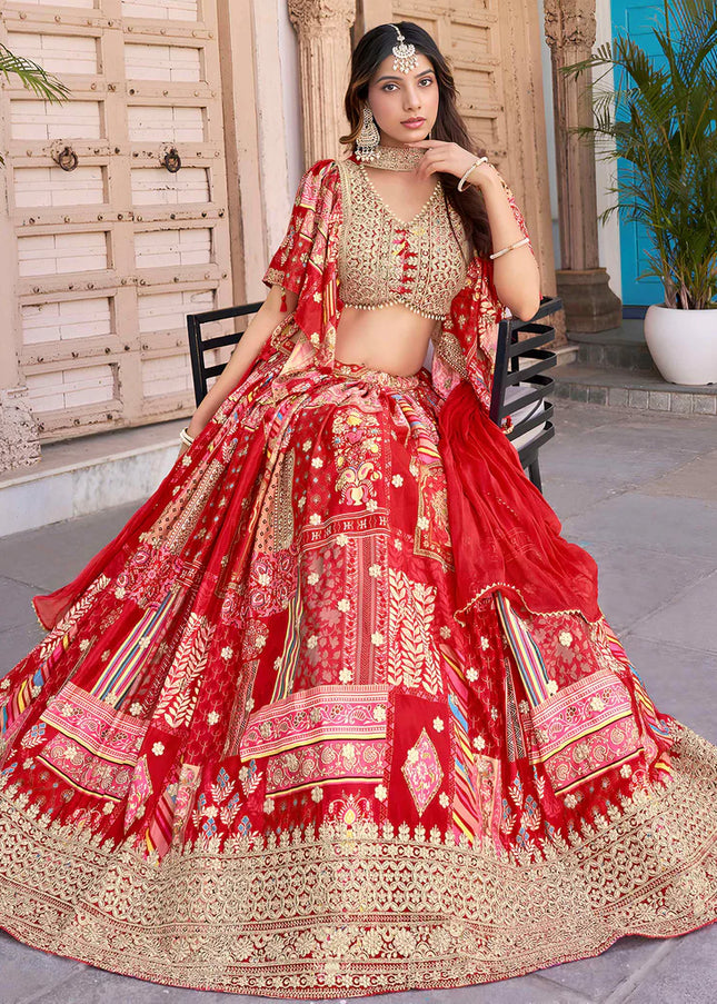 Red MultiColor Embroidered Lehenga Choli