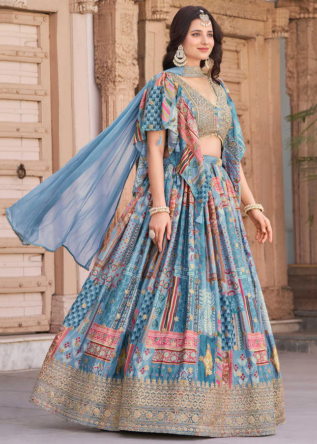 Sky Blue MultiColor Embroidered Lehenga Choli