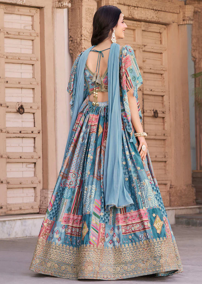 Sky Blue MultiColor Embroidered Lehenga Choli