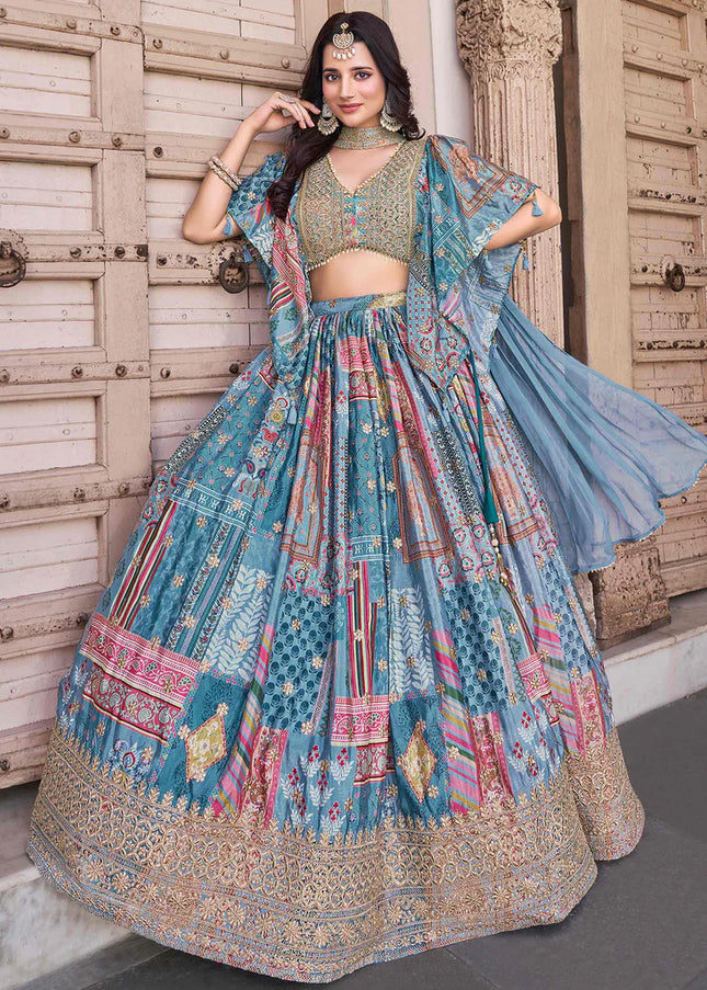 Sky Blue MultiColor Embroidered Lehenga Choli