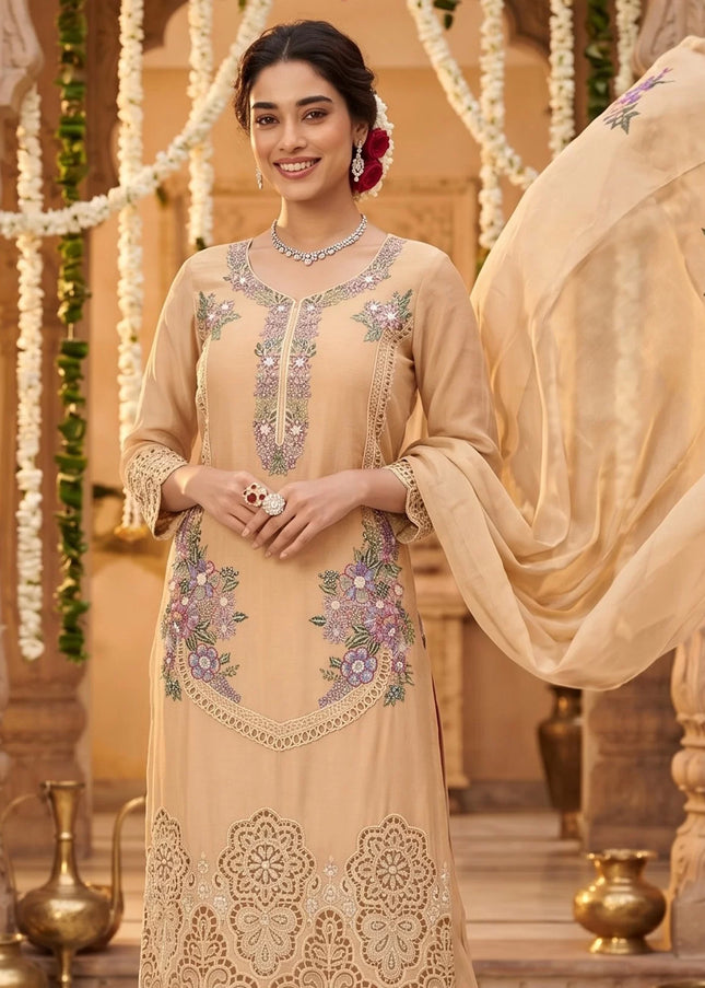 Beige Embroidered Pant Style Suit