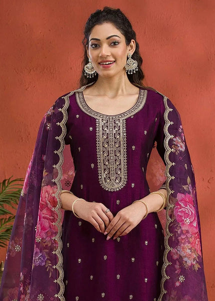 Purple Embroidered Pant Suit