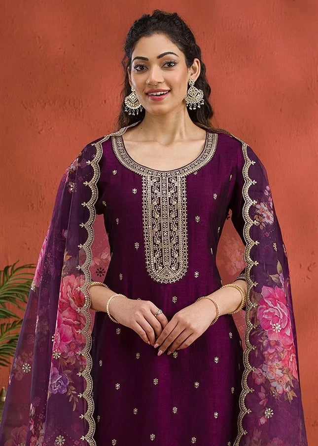 Purple Embroidered Pant Suit
