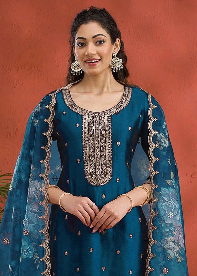 Teal Embroidered Pant Suit