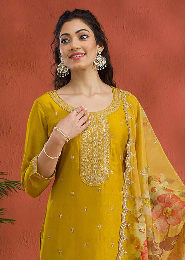 Yellow Embroidered Pant Suit