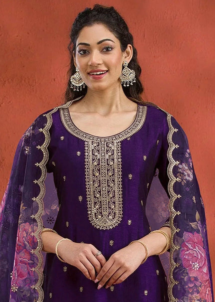 Purple Embroidered Pant Suit
