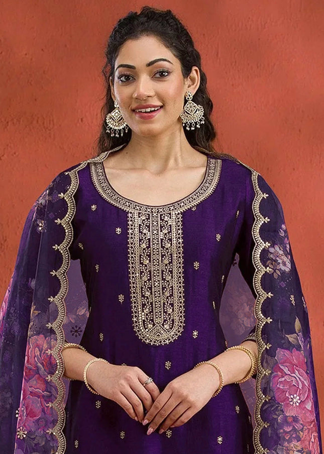 Purple Embroidered Pant Suit