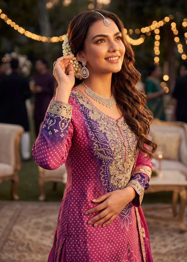 Pink and Purple Embroidered Sharara Suit