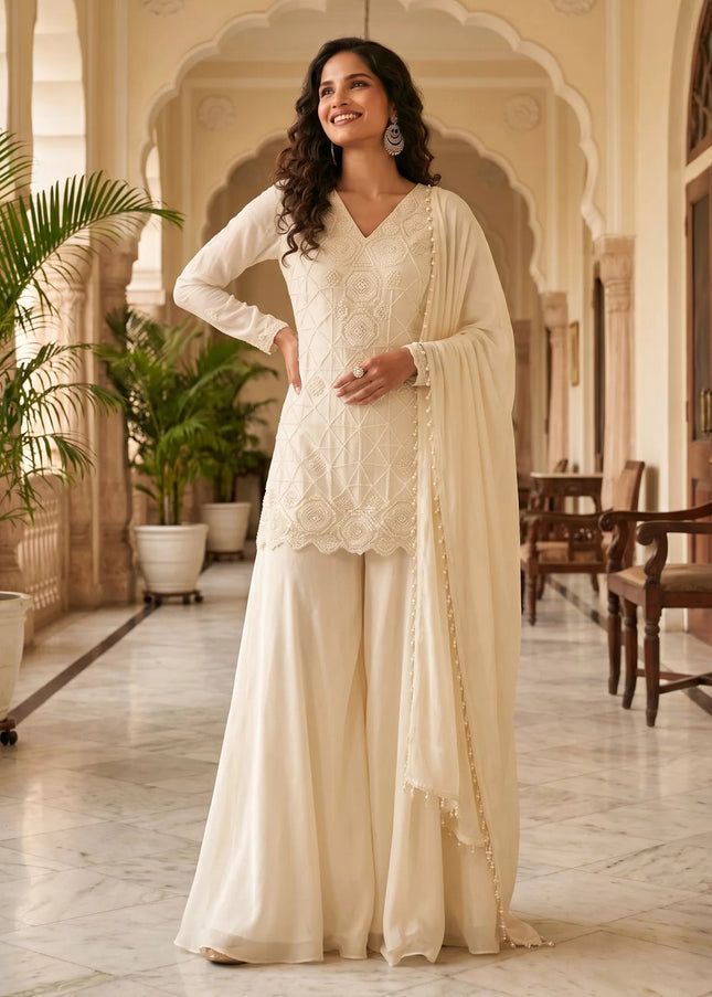 Cream Embroidered Sharara Suit