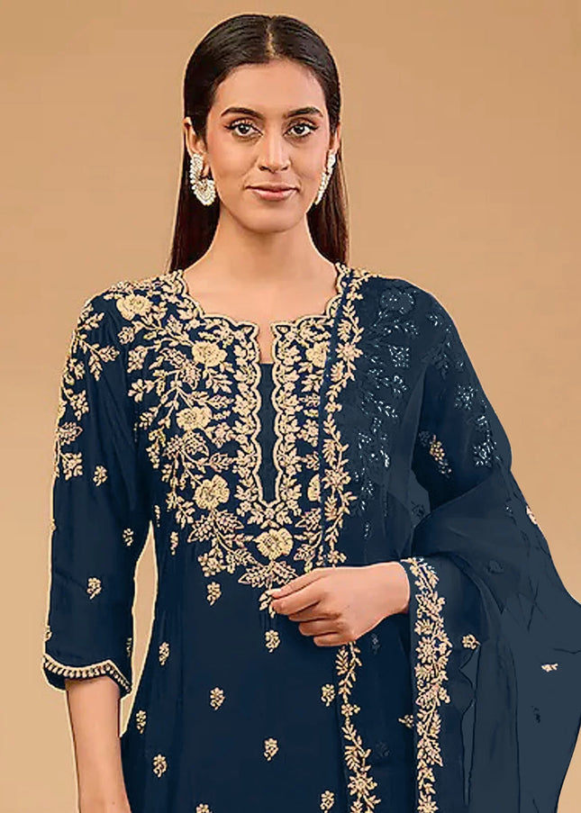 Navy Blue Embroidered Pant Suit