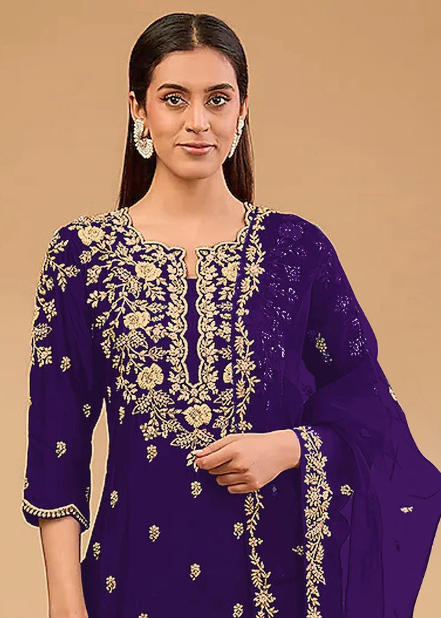 Purple Embroidered Pant Suit