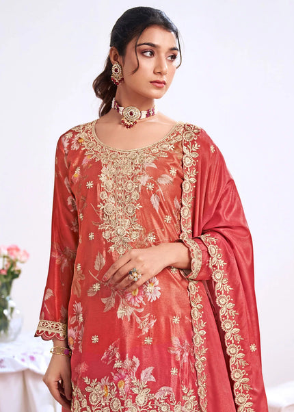 Peach Printed and Embroidered Sharara Suit