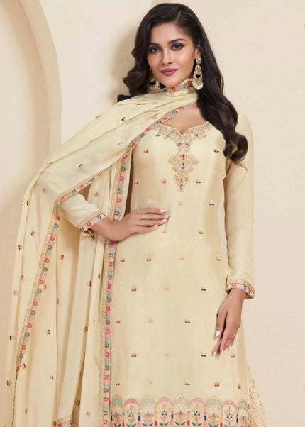 Cream Embroidered Sharara Suit