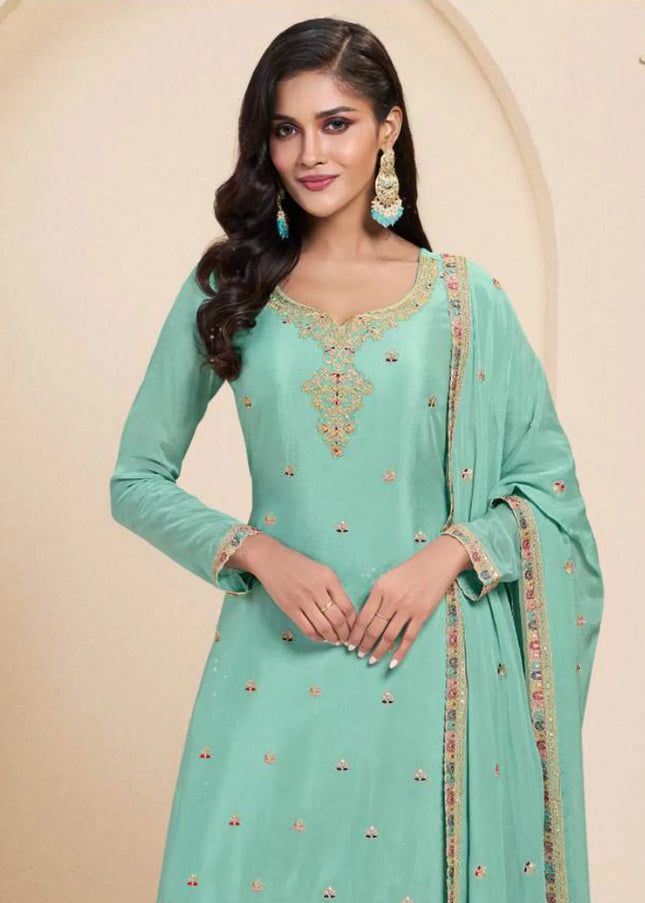 Turquoise Embroidered Sharara Suit