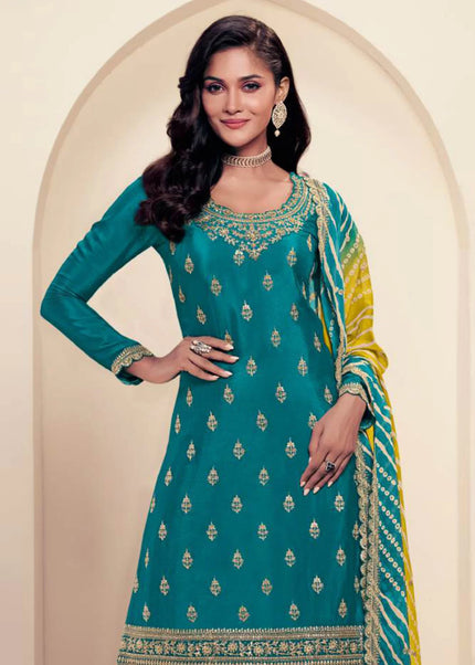 Teal Embroidered Sharara Suit