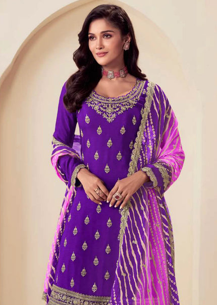 Purple Embroidered Sharara Suit
