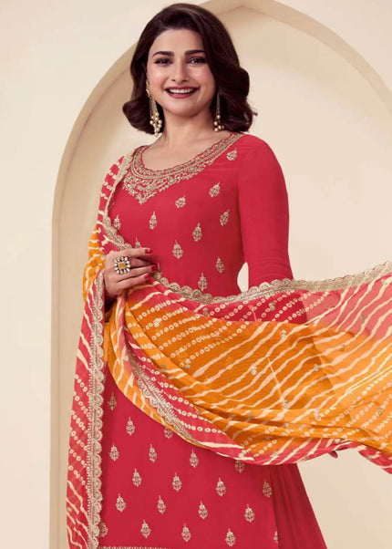 Red Embroidered Sharara Suit