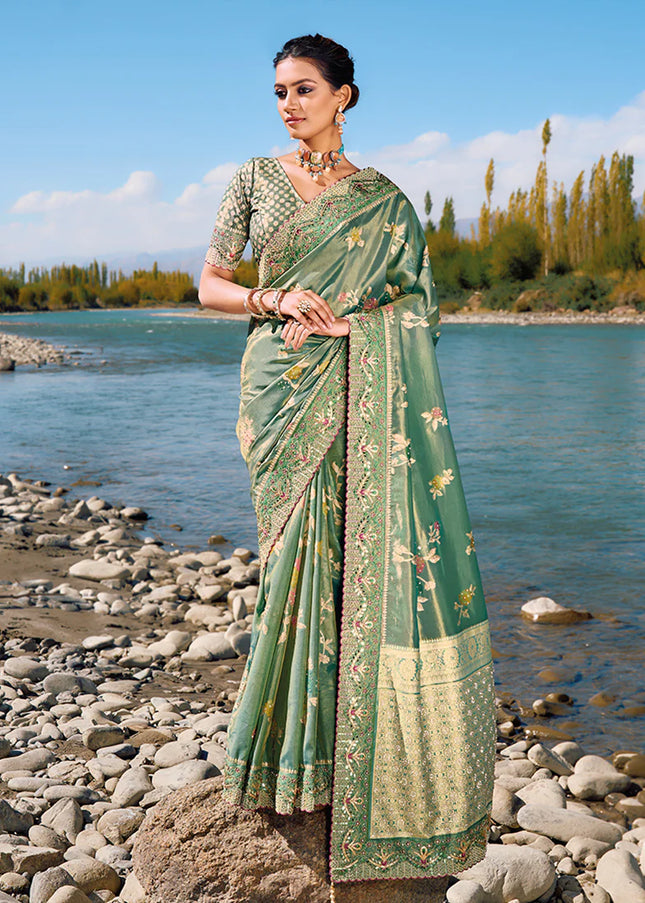 Sea Green Embroidered Banarasi Silk Saree