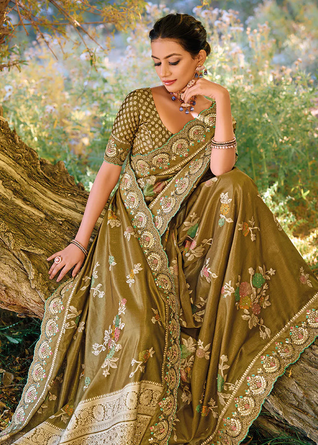 Green Embroidered Banarasi Silk Saree