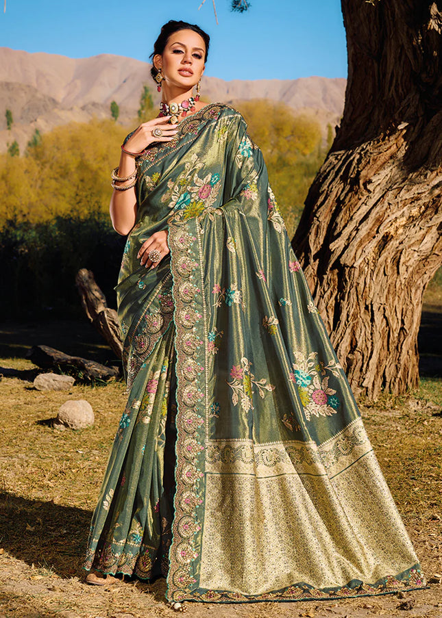 Dark Green Embroidered Banarasi Silk Saree
