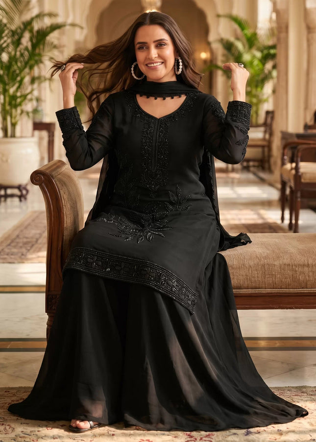 Black Embroidered Sharara Suit