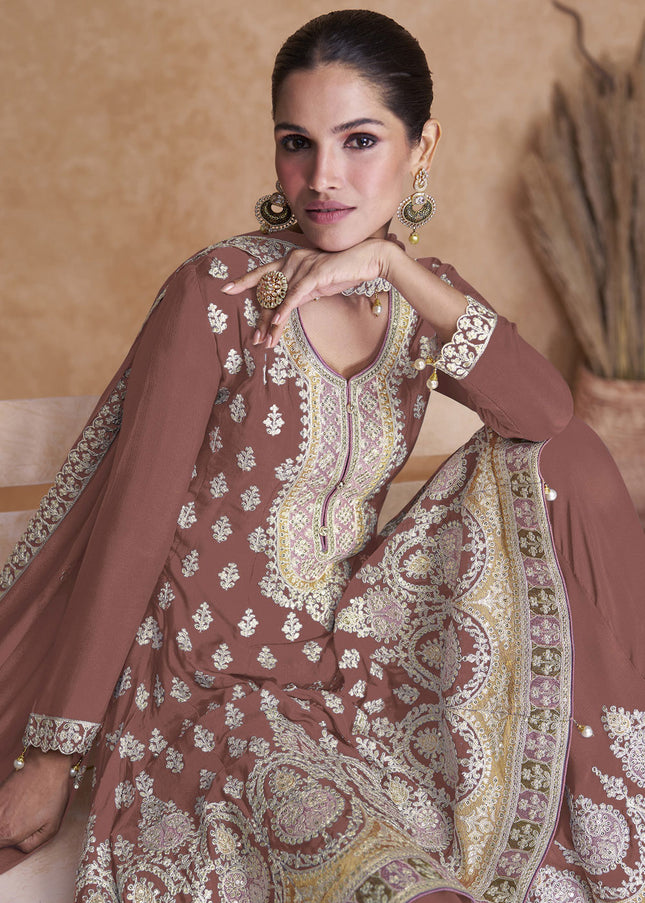 Brown Embroidered Sharara Suit
