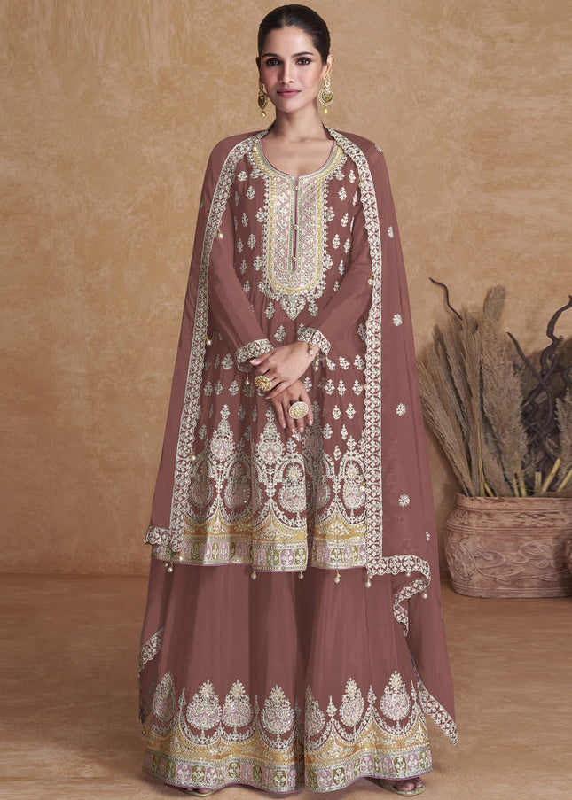 Brown Embroidered Sharara Suit