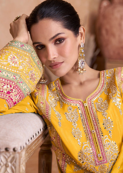 Yellow Multicolor Embroidered Palazzo Suit