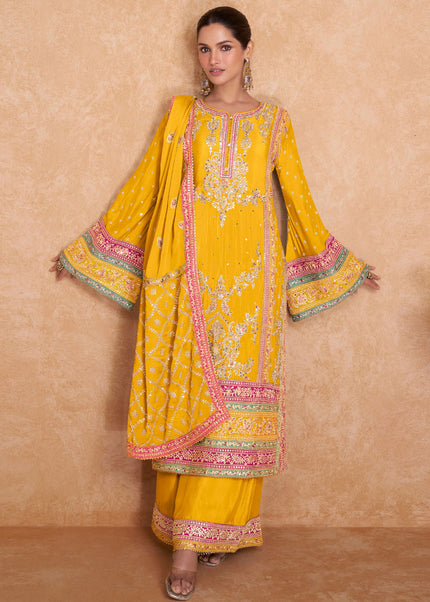 Yellow Multicolor Embroidered Palazzo Suit