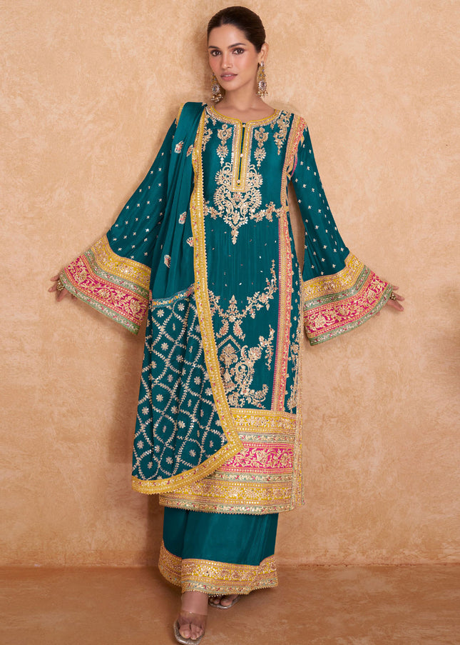 Teal Multicolor Embroidered Palazzo Suit