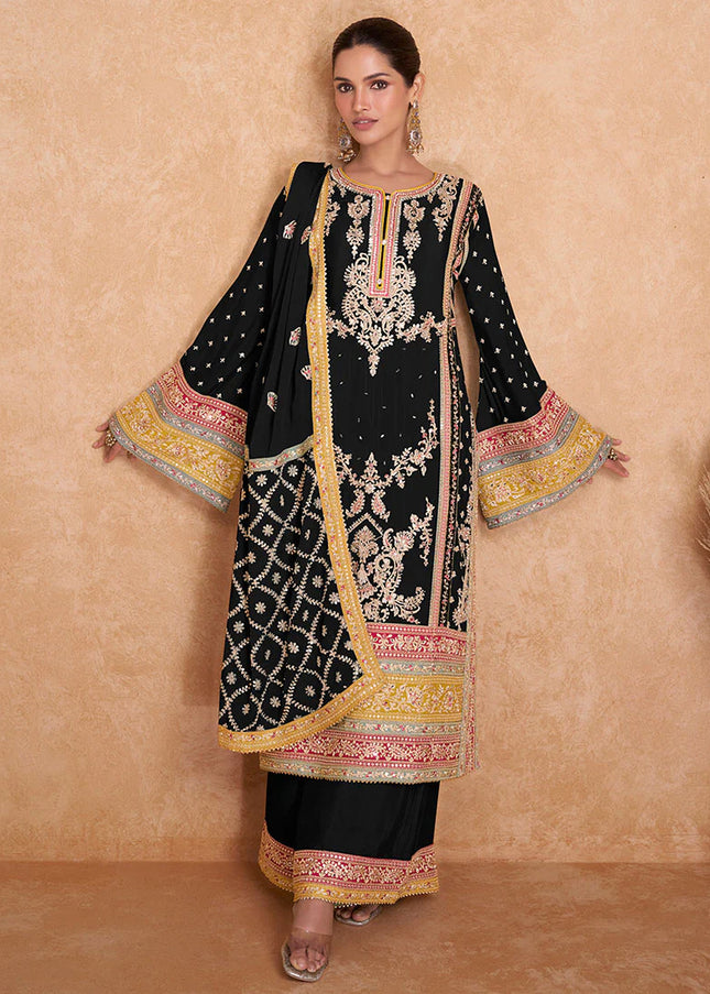 Black Multicolor Embroidered Palazzo Suit