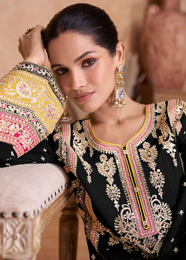 Black Multicolor Embroidered Palazzo Suit