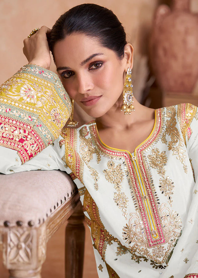 White Multicolor Embroidered Palazzo Suit