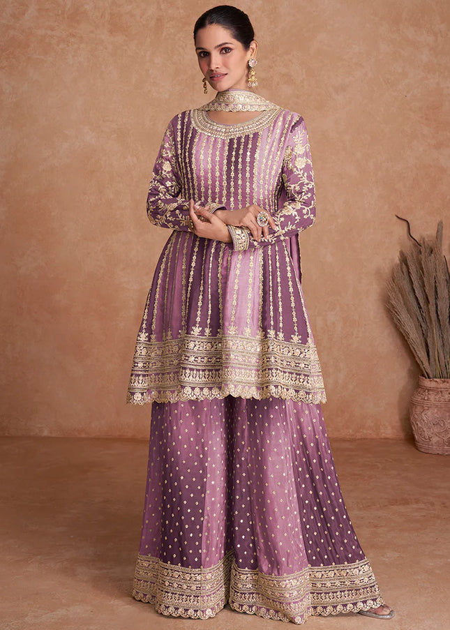Purple Embroidered Sharara Suit