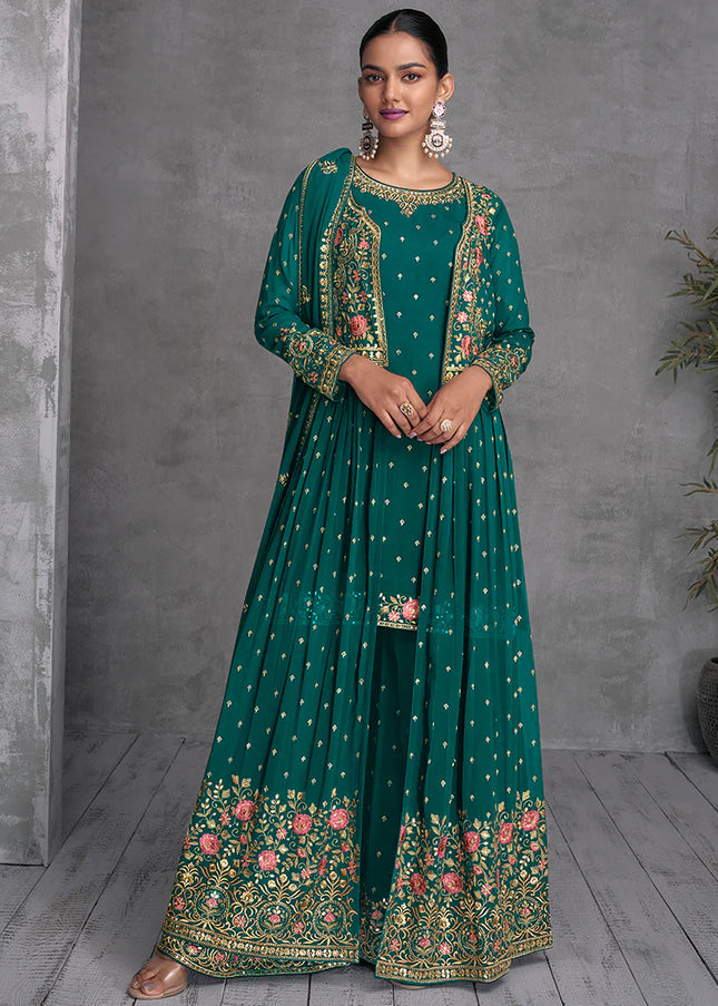Turquoise Jacket Embroidered Gharara Suit