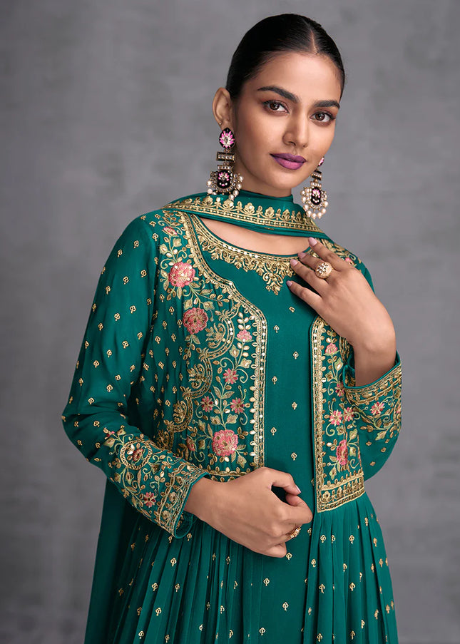 Turquoise Jacket Embroidered Gharara Suit