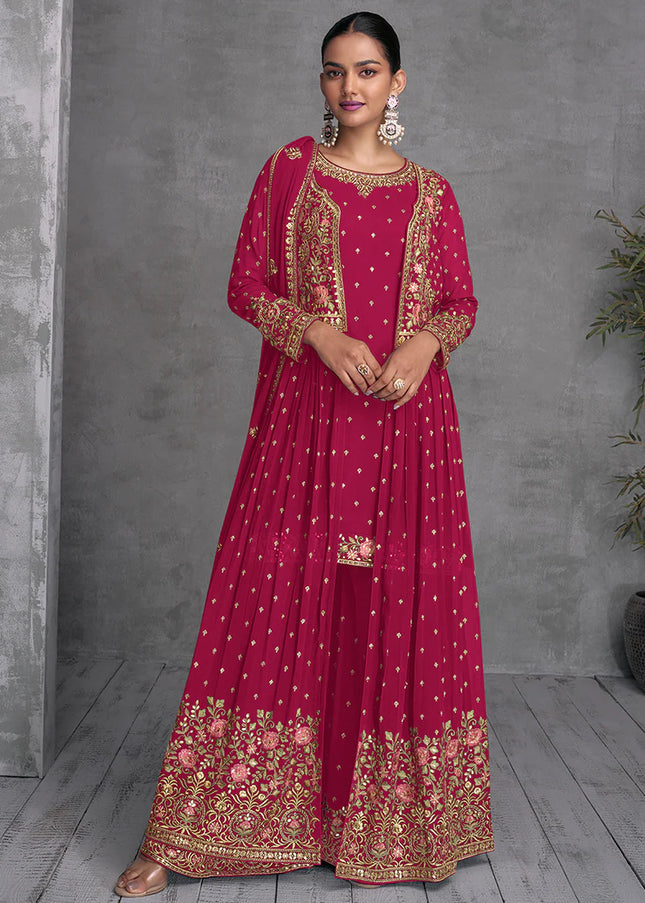 Hot Pink Jacket Embroidered Gharara Suit
